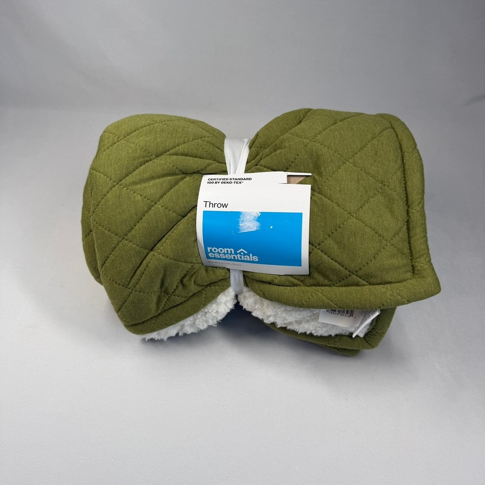 Room Essentials Throw Blanket Olive Green Quilted Sherpa 50"x60" New